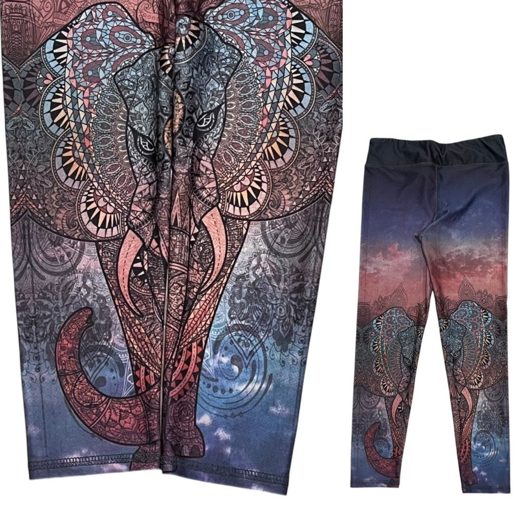 Evolution And Creation Print Leggings Red Blue Elephant Ombre Yoga Pants Mandala